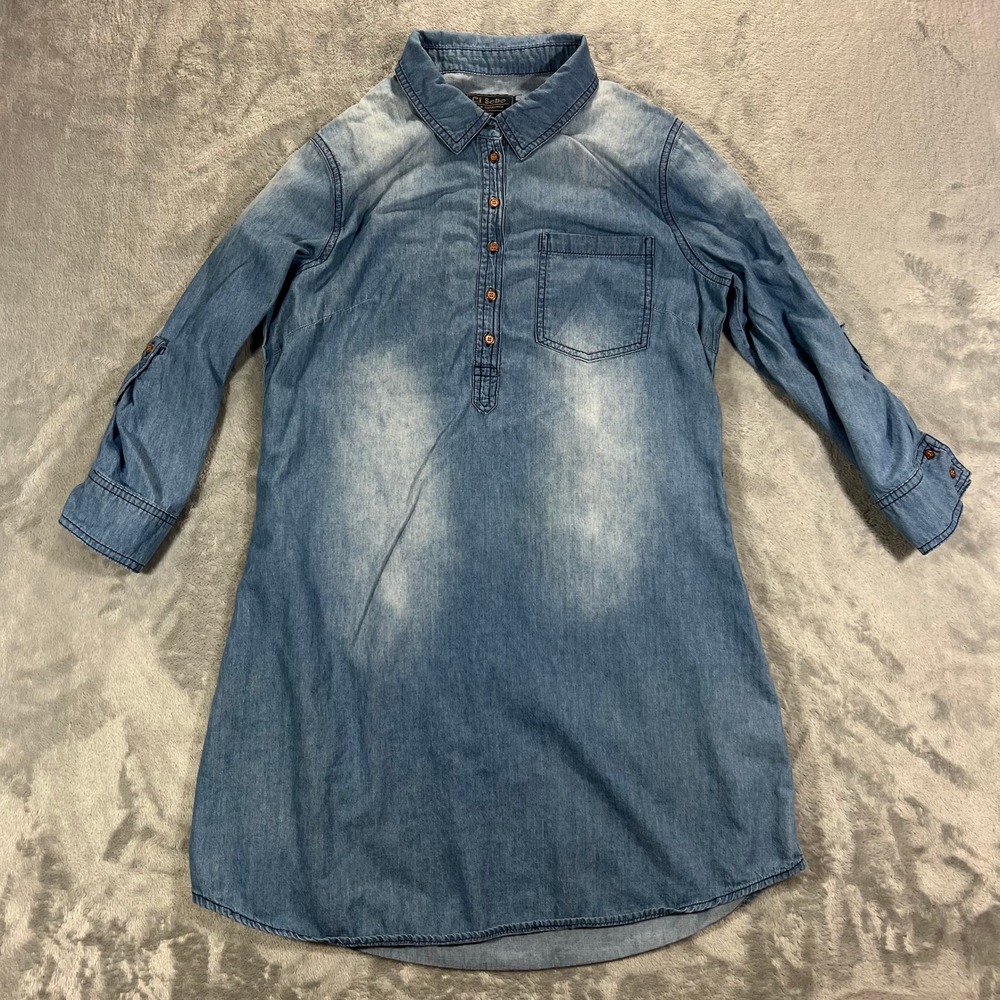 Ci Sono Denim Shirt Dress Womens Large Blue Chambray Tunic Popover Western Boho